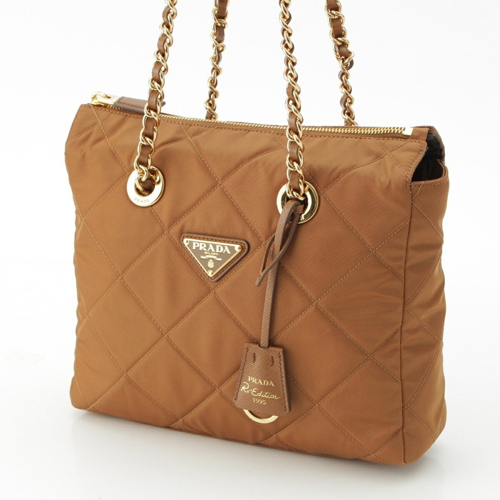 Prada Re Triangle Logo Chain Tote Bag Quilted Brown